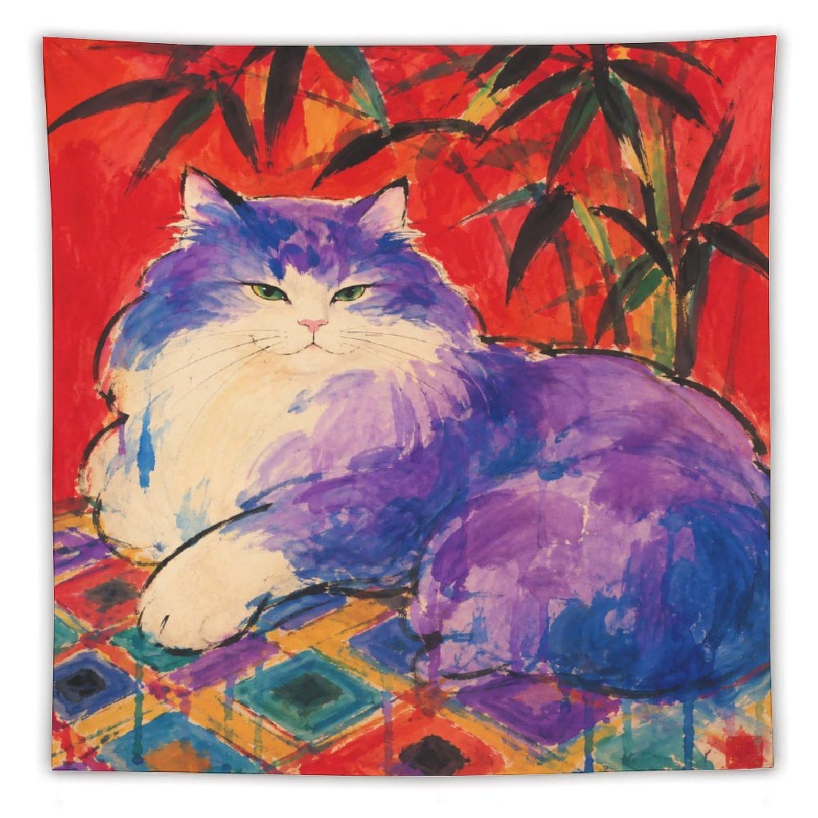 H3B8U2Y5 Colorful Cat on Rug Wall Tapestry, Realistic Illustration, Bedroom