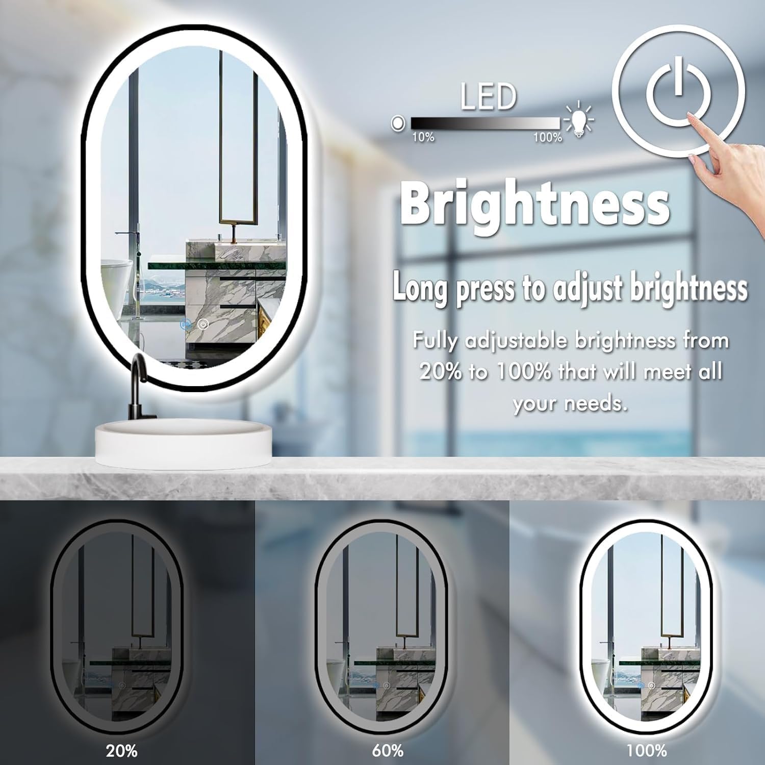 36 x 20 Inch Black Frame Oval LED Mirror for Bathroom Hair Salon Wall Mounted 36 inch Black Oval Lighted Vanity Mirror with Lights Frame 3 Color Front Light Smart Touch Dimmable AntiFog