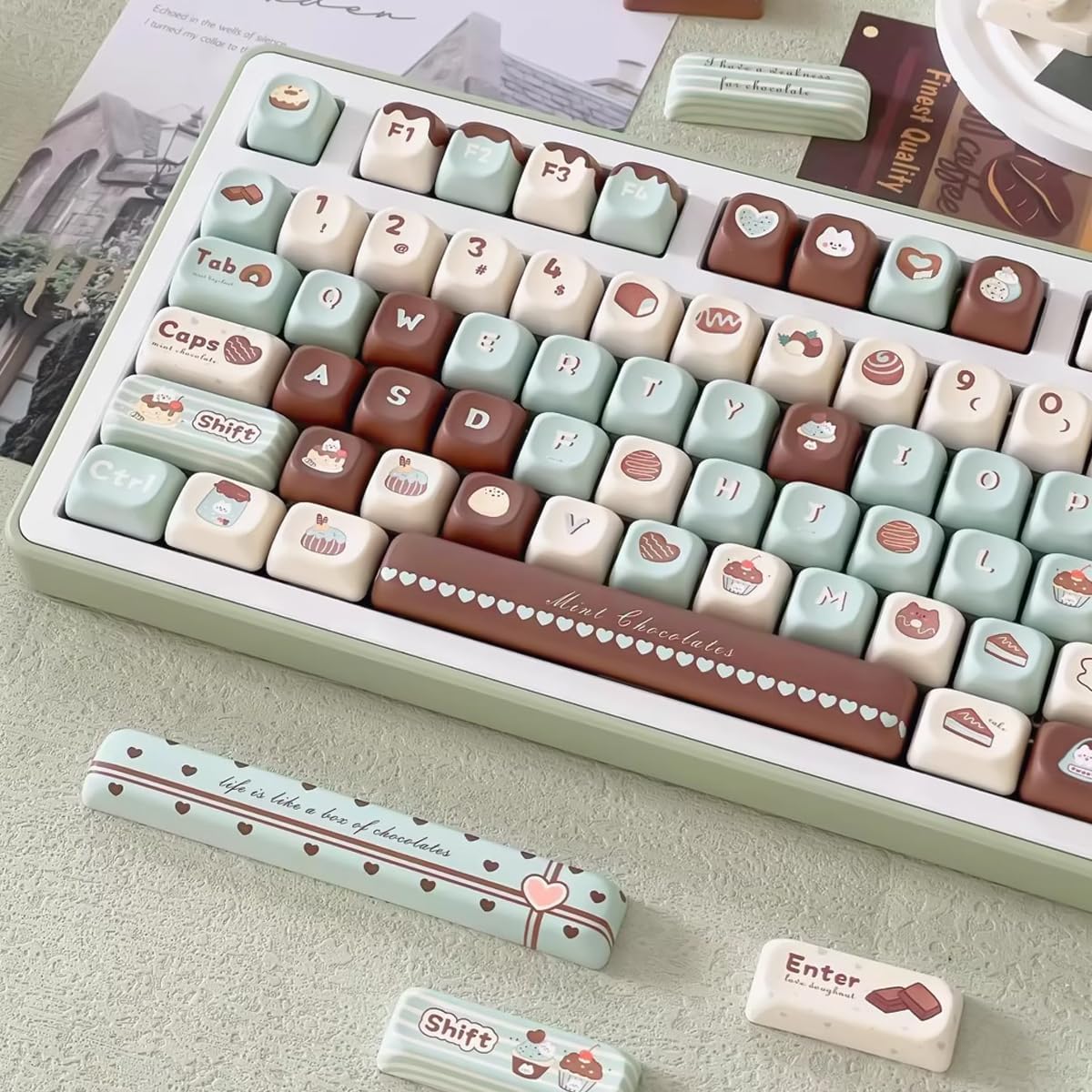 mintcaps PBT Keycaps - Coffee Cute Keycaps 60% 65% 75% Percent 152 Keys Keycap Set SOA Profile for Cherry Gateron MX Switches Mechanical Keyboard Keycap
