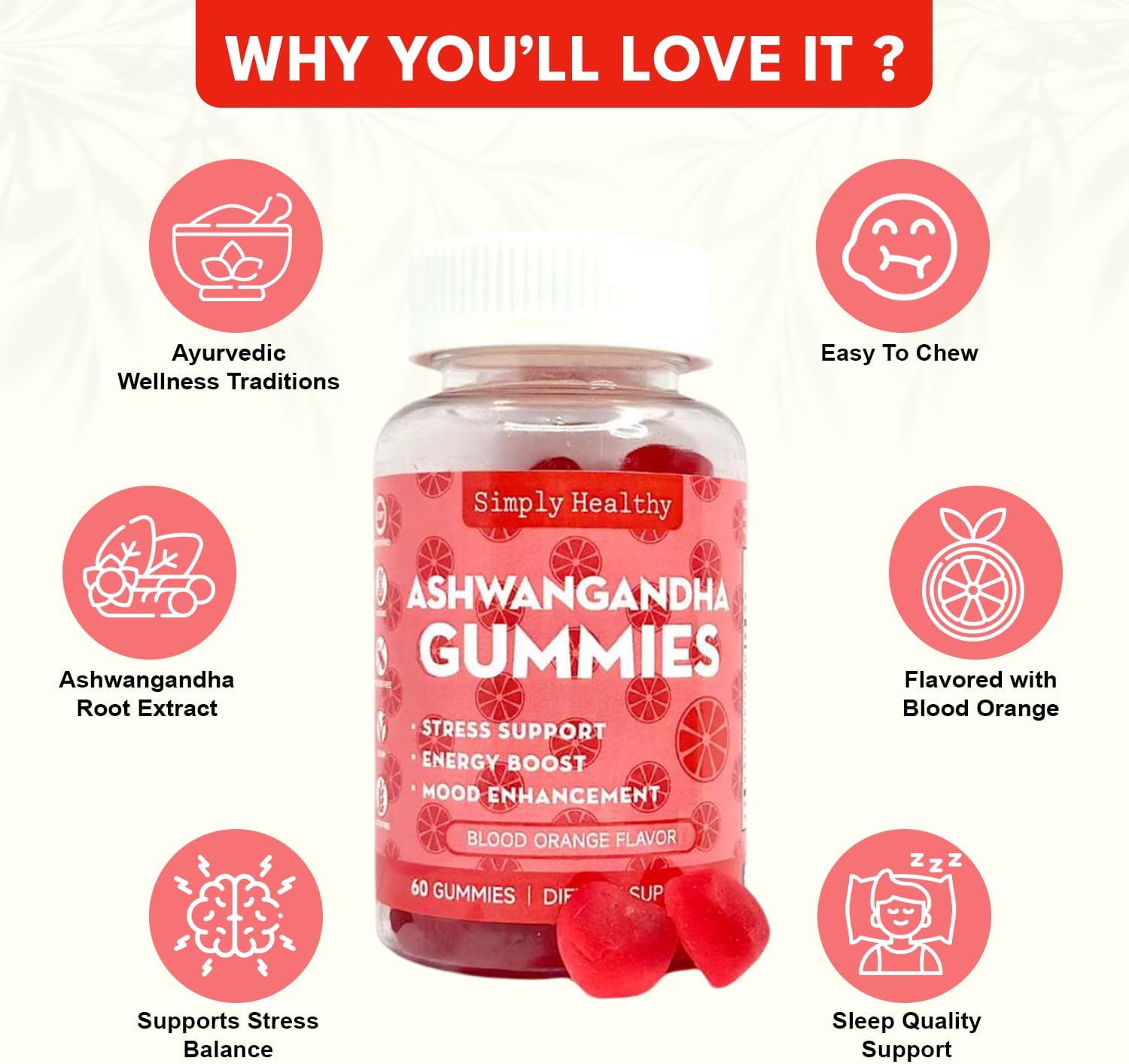 Premium Ashwagandha Gummies, Stress Support with Blood Orange Flavor, Vegan, Easy to Chew, Daily Aid, Energy Booster, Mood Enhancer, for Both Men and Women, 60 Gummies