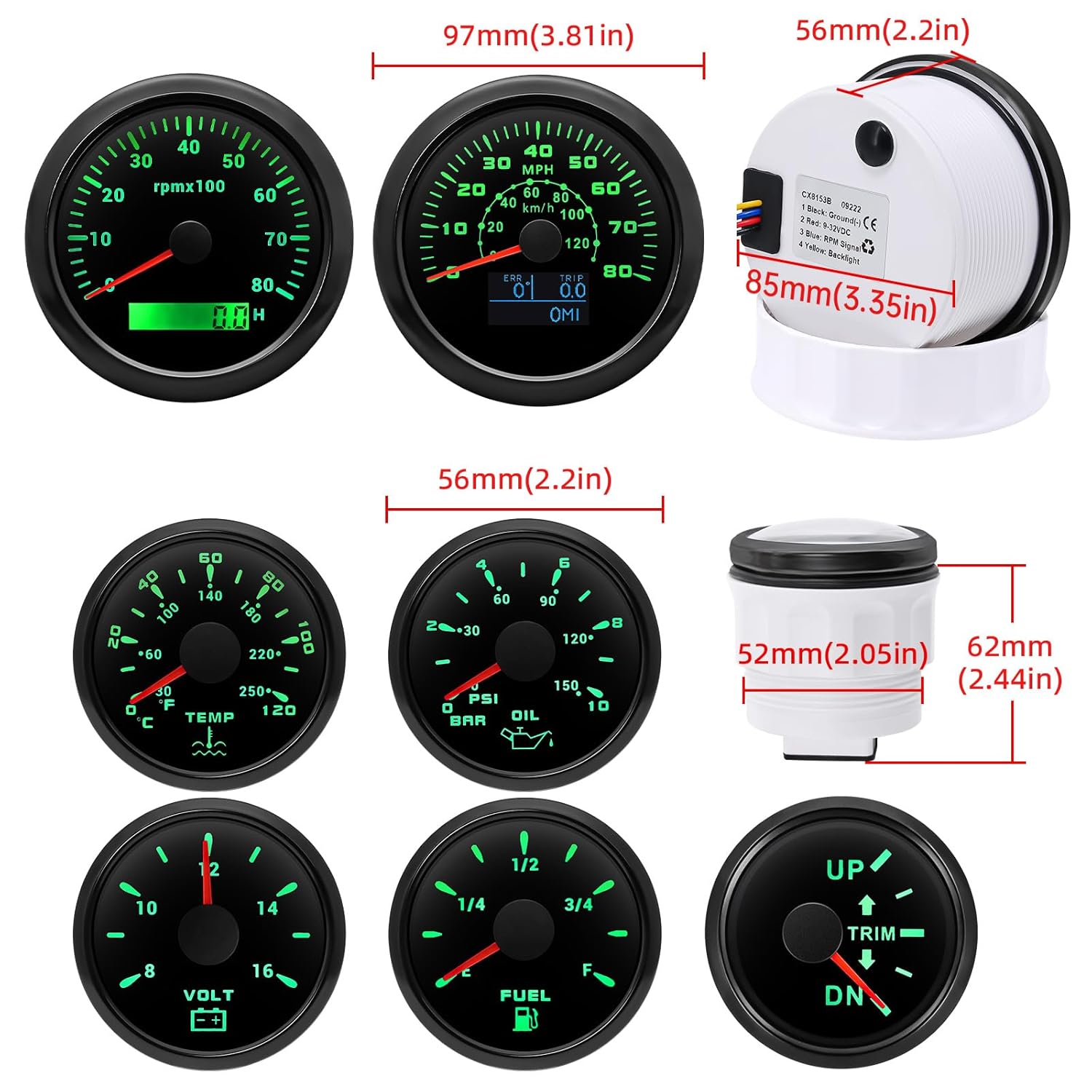ARTILAURA 7 Gauge Set-GPS Speedometer, Tachometer, Oil Pressure, Fuel Level, Water Temperature, Trim, Voltmeter 7 Color AUTO Marine Boat Gauges Kit (All Black)