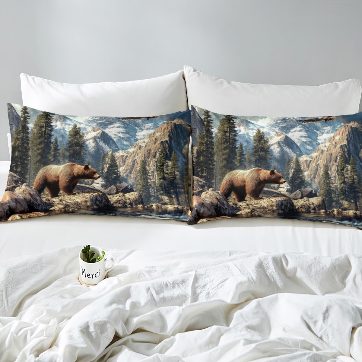 3D Bear Hunt Duvet Cover Queen Size Mountain Tree Landscape Bedding Set 3pcs Soaring Eagle Wildlife Comforter Cover for Kids Bedroom Decor Farmhouse Quilt Cover,2 Pillowcases(Not Comforter)