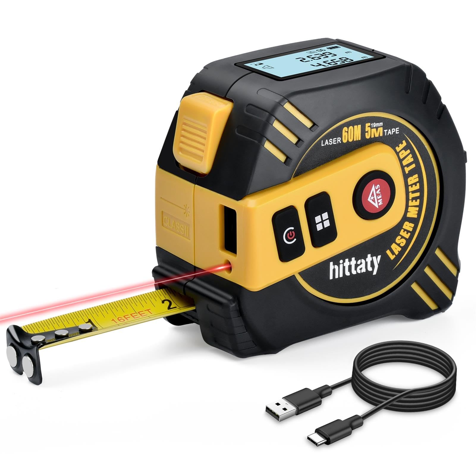 2 in 1 Laser Tape Measure, 197 ft Laser Measuring Tool & 16 ft Measuring Tape Self-Locking with Type-C Charging, Measuring Pythagorean, Area, Volume, M/in/Ft Unit Switch (60M)