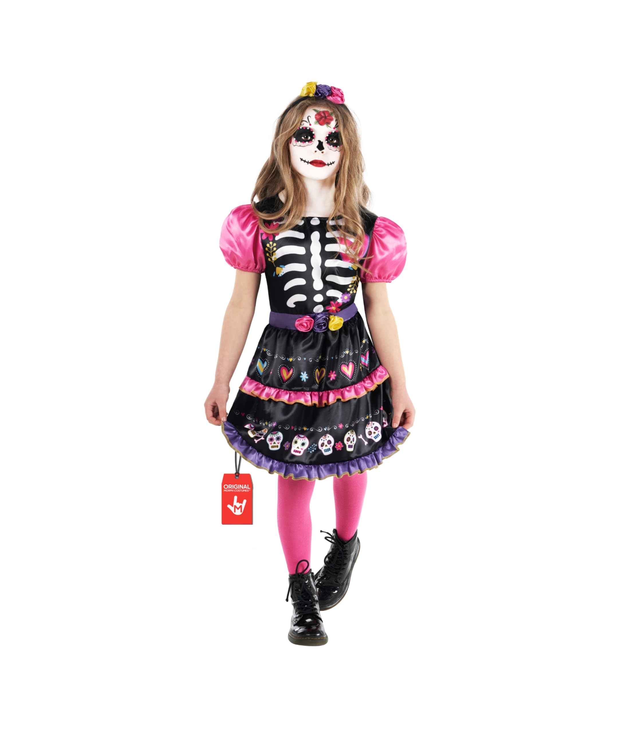 Costume Halloween Bambina Mietitore Scheletro Con Falce E 5 Adesivi Insanguinati, Abito Nero Con Stampe Teschio, Per Ragazze - 4