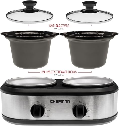 Miniatura 5 de Chefman Servidor de bufé y olla de cocción lenta doble con 2 platos ovalados extraíbles de 1.25 cuartos de galón, insertos de olla individualmente