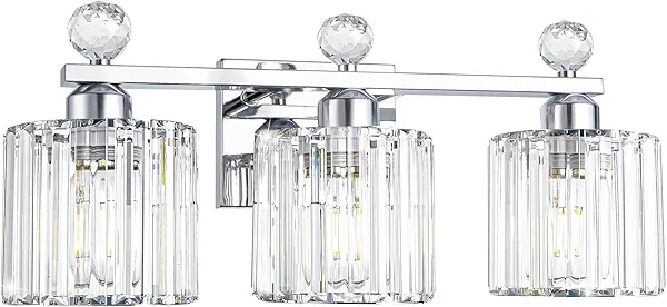 Modern Crystal Bathroom Vanity Light, 3-Lights Bathroom Light Fixtures, Chrome Vanity Light Fixtures over Mirror, Bath Vintage Wall Mounted Lamps Crystal Wall Light Fixtures for Bathroom, Living Room