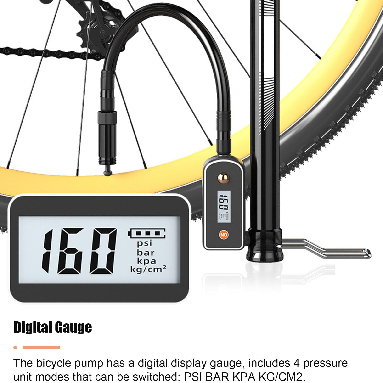 Bomba de Piso para Bicicleta con Manómetro Digital de 160 PSI - Bomba de Aire para Bicicleta Compatible con Válvulas Schrader y Presta - Bombas de Aire Portátiles para Bicicleta