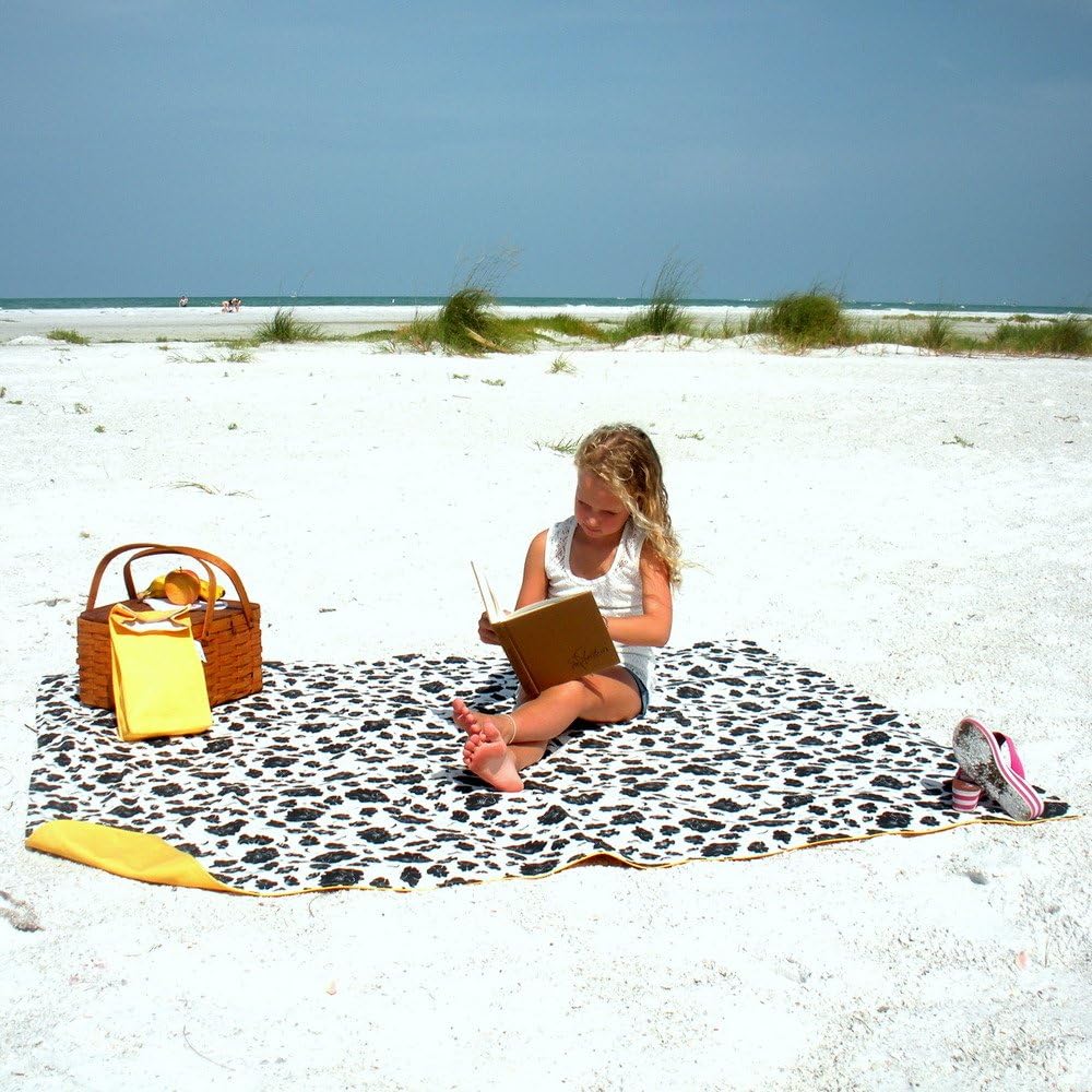 Island Picnic Organic Cotton Picnic Blanket, Large, 58" x 70" - Black/White Flowers and Yellow - Reversible