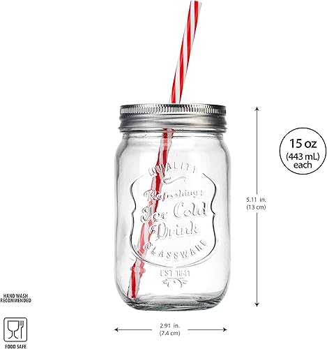 Miniatura 3 de Glaver's Tarros para beber Mason  Juego de 6 tarros de vidrio con tapa  Tazas de vidrio transparente de 15 onzas  Espacioso y fácil de transportar
