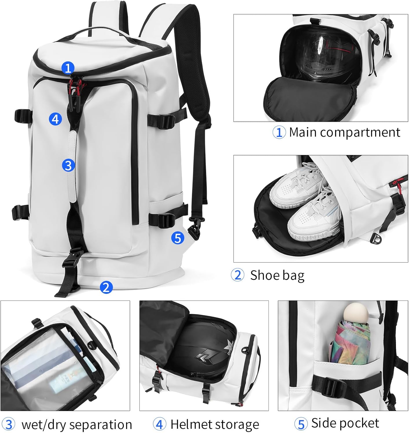 YOUMIAN Gym Duffle Bag 3 IN 1 Travel Backpack 40L Waterproof Shoe Compartment for Men and Women Basketball Soccer Sports Bag (White)