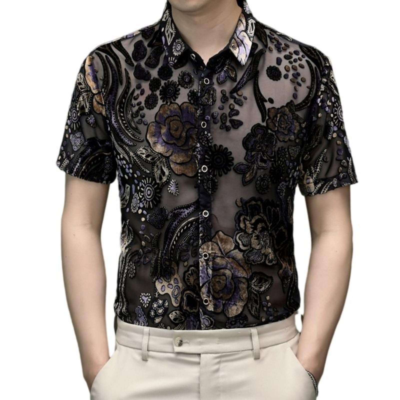Chemise en crochet homme mince et respirante avec col rabattable tendance