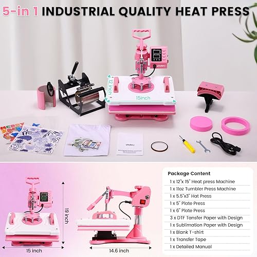 Miniatura 6 de Whubefy Prensa térmica de 12 x 15 pulgadas, 5 en 1, combinada con prensa para tazas, máquina digital de prensa de camisas oscilante de 360,