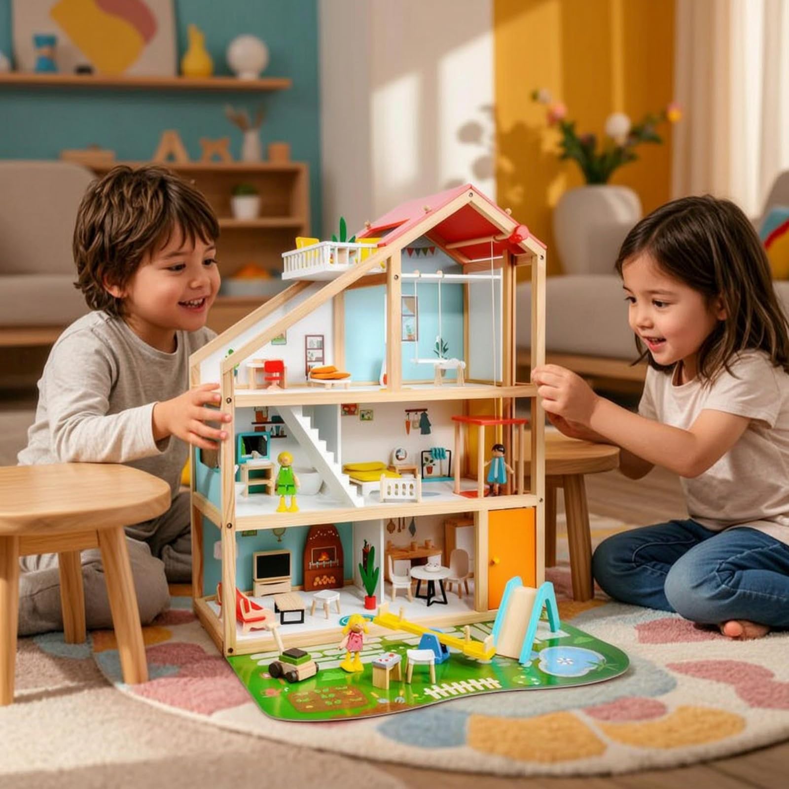 Almencla Puppenhaus Holz Puppenhaus Spielhaus Miniaturhaus mit Kompletter Ausstattung Figuren Möbeln Und Outdoor Zubehör für Geschwisterspiel Reise Geeignet