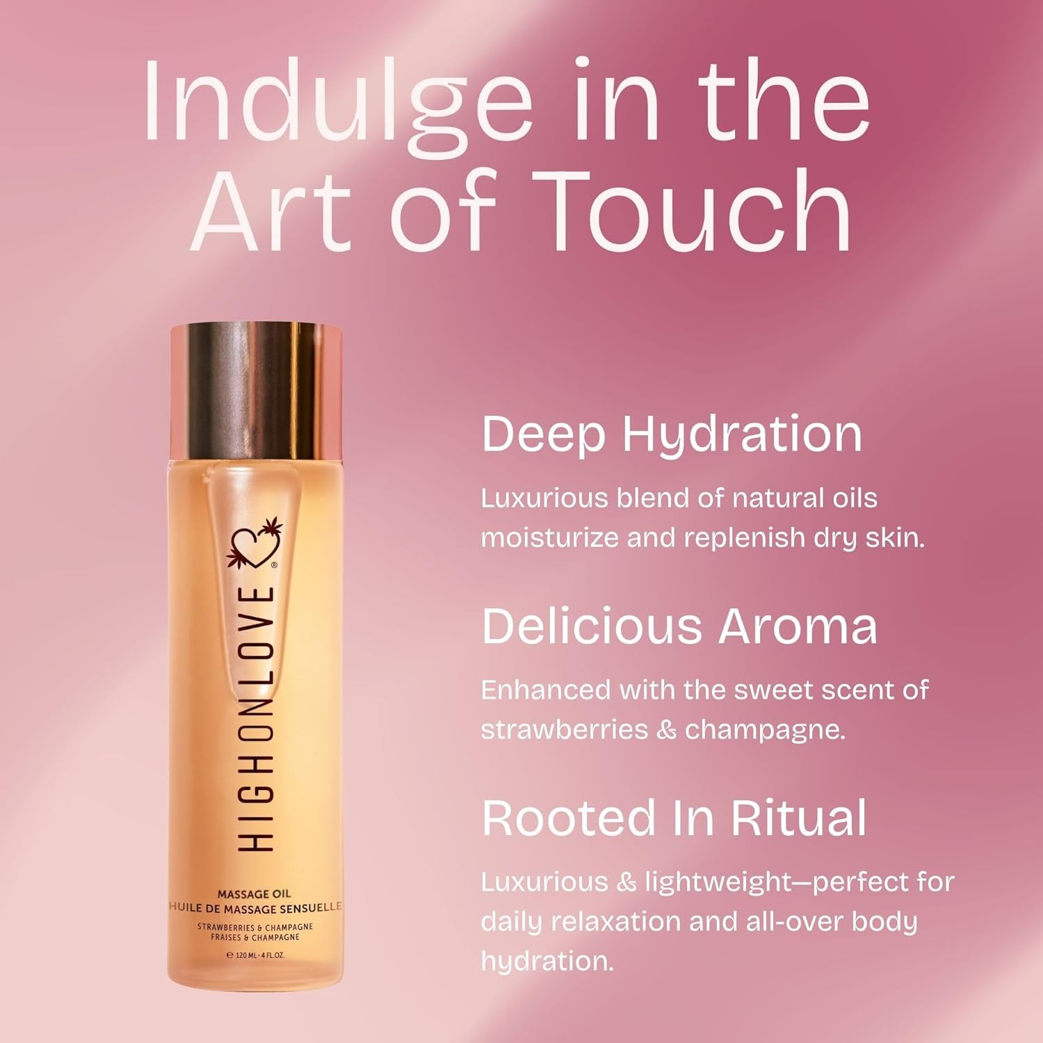High On Love Natural Body Oil with Hemp Seed, Grape Seed, & Vitamin E Oil - Moisturizing Body Glow with a Non-Greasy, Glowy Finish (120 ml) (Strawberries & Champagne)