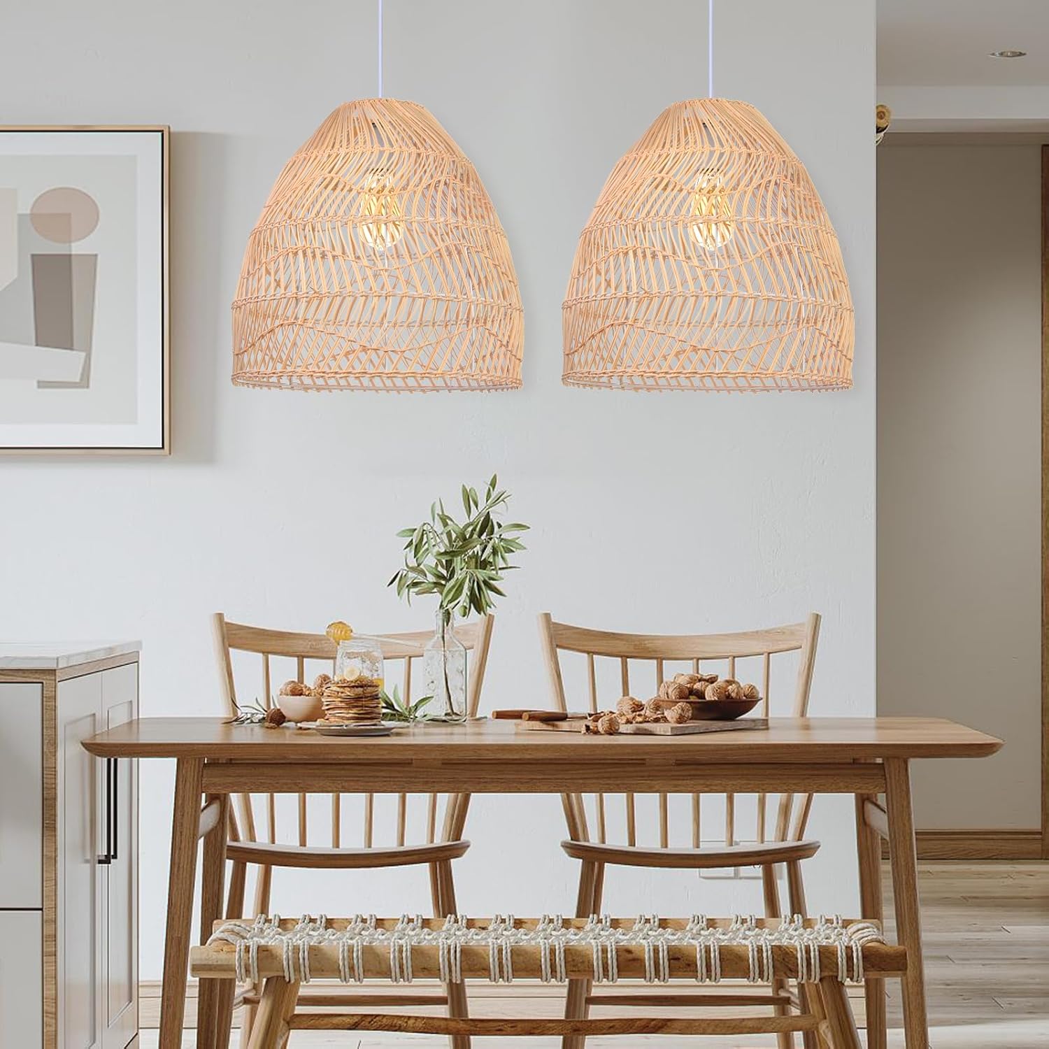 Arturesthome Rattan Pendant Light Fixture, Wicker Chandelier Boho Basket Ceiling Lighting, Large Natural Woven Hanging Lamp for Kitchen Island Sink