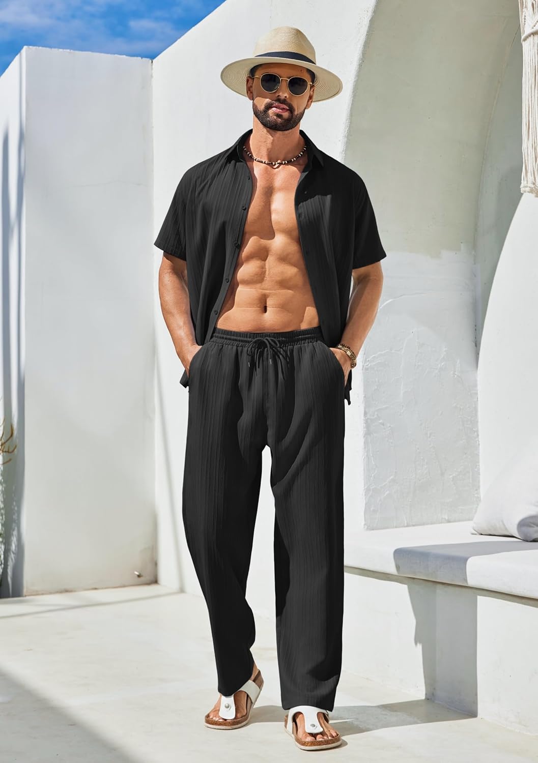 COOFANDY Mens 2 Piece Outfits Casual Summer Beach Textured Button Down Shirt Loose Pants Set - Image 3