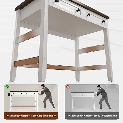 Miniatura 8 de EnHomee - Escritorio pequeño para computadora con tomas de corriente, escritorio blanco con 2 cajones, pequeña mesa de estudio y escritura con
