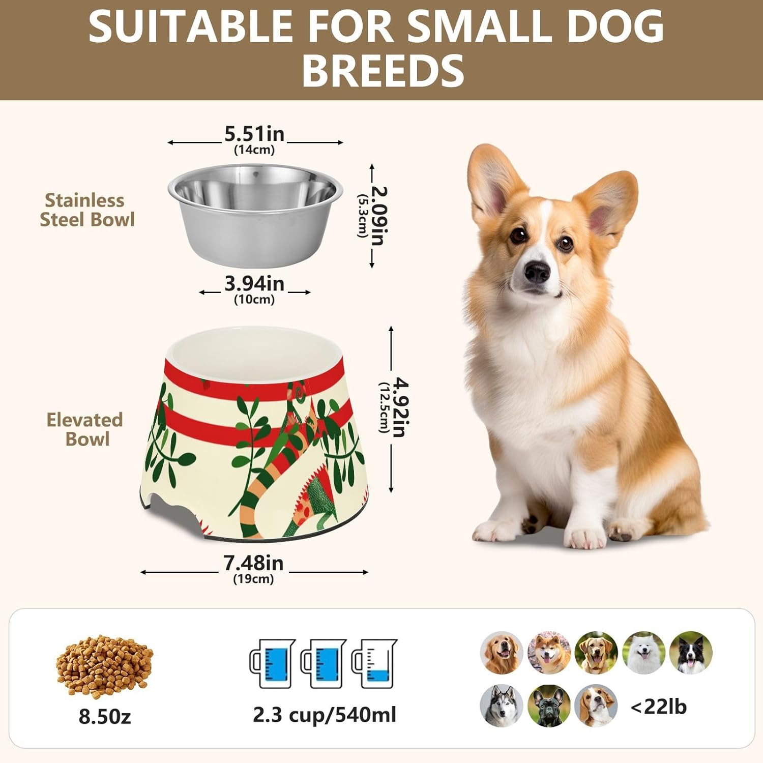 Red and Green Playful Chameleon Christmas Pets Water&Food Bowls Non Skid Stainless Steel Pets Basic Bowls for Small Pet Slow Down Eating Plato para Gatos