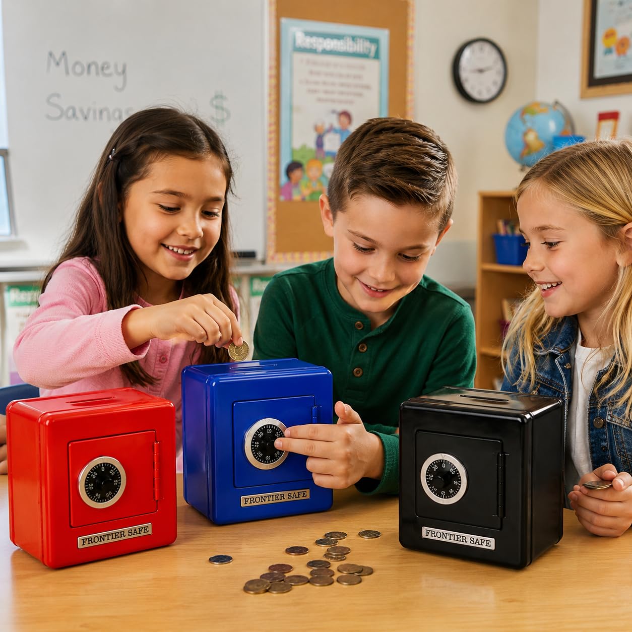 The Dreidel Company Caja fuerte de metal con cerradura de combinación, hucha de frontera segura para niños, forma divertida y segura de