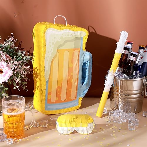 Miniatura 5 de Sratte Piñata de cerveza con palo y venda de los ojos con confeti, taza de vidrio para colgar, decoración mexicana para cumpleaños, despedida de