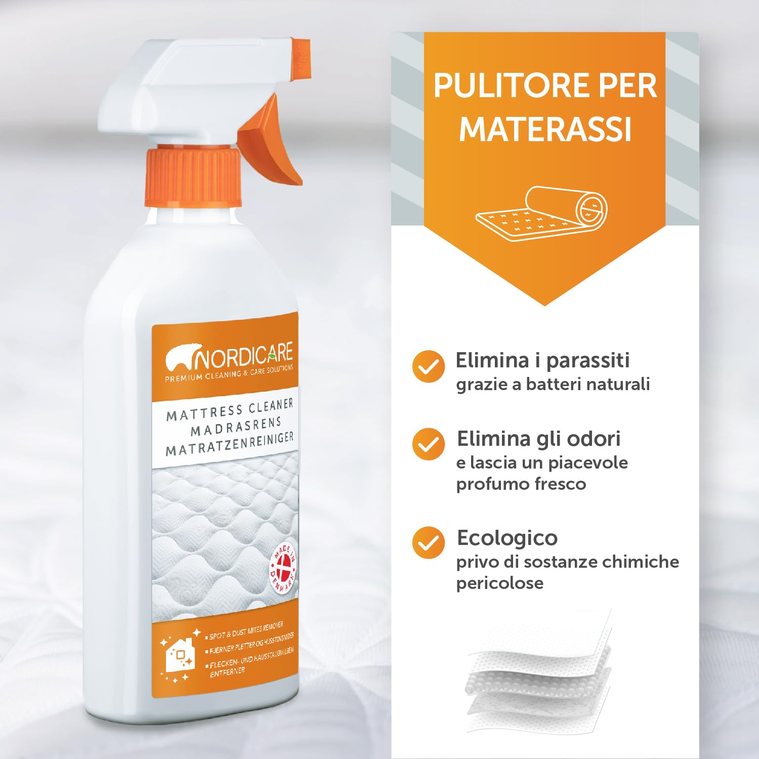 Nordicare Detergente [500ml] Spray per materassi e biancheria da letto, per eliminare gli odori