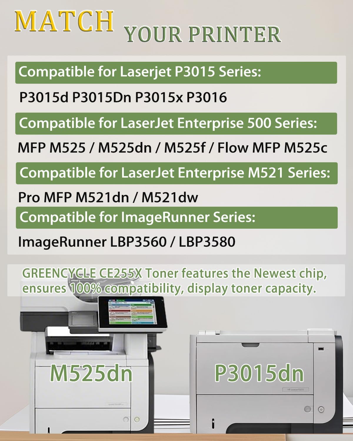 greencycle CE255X 55X High-Yield Compatible P3015dn M521dn Toner Cartridge Replacement for HP 55X CE255X 55A CE255A Work with Laserjet P3015 P3015x Pro 500 MFP M521dw M521 M525 Printer (Black, 1-Pack)