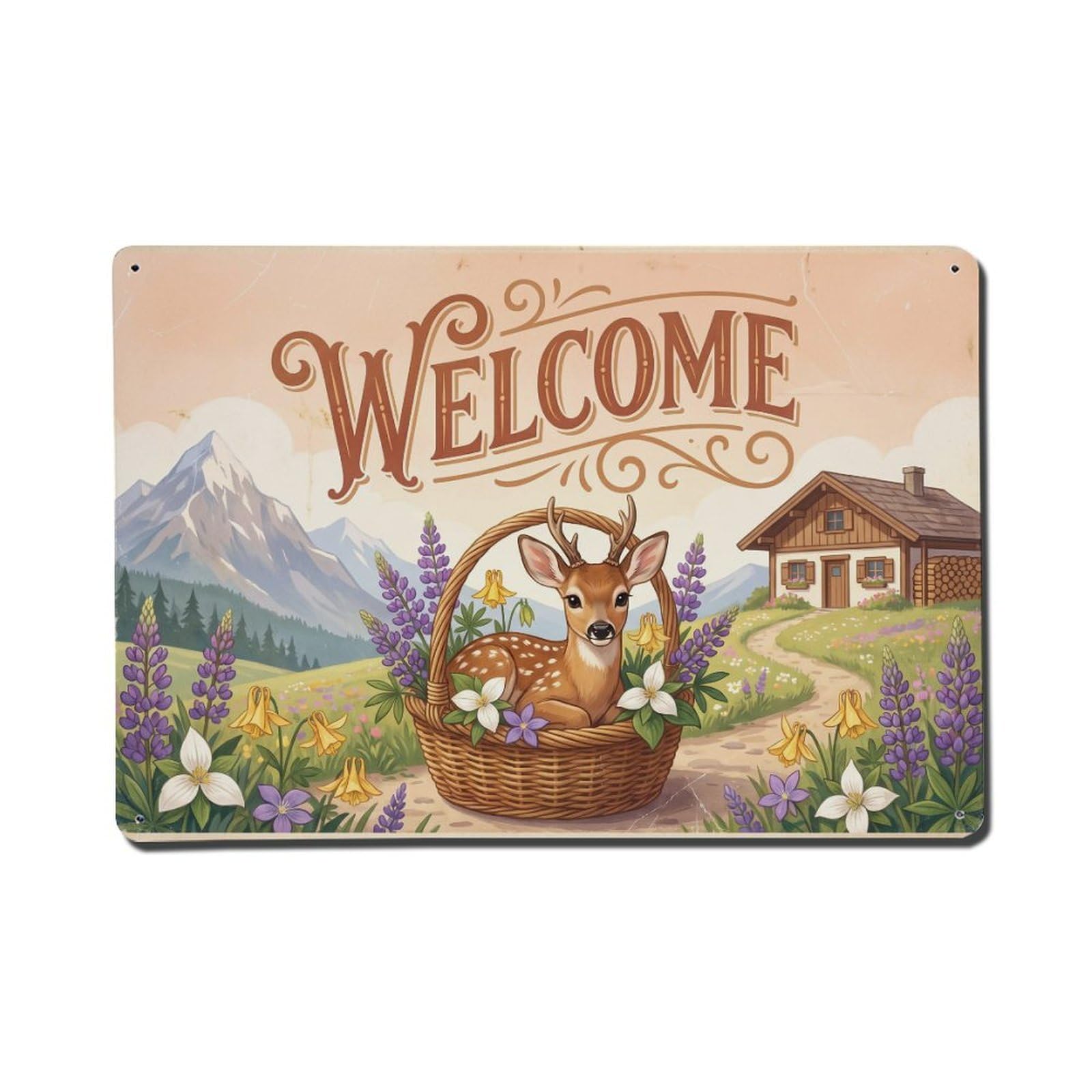 Vintage Welcome Deer Warm Wishes Metal Tin Sign