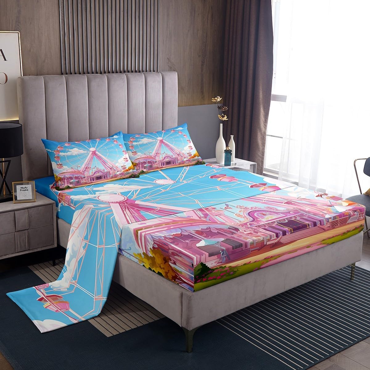 Feelyou Girls Ferris Wheel Sheets Pink Bedding Set for Kids Boys Amusement Park Bed Sheets Holiday Enjoy Theme Sheets Set Bedroom Collection 4Pcs Full Size