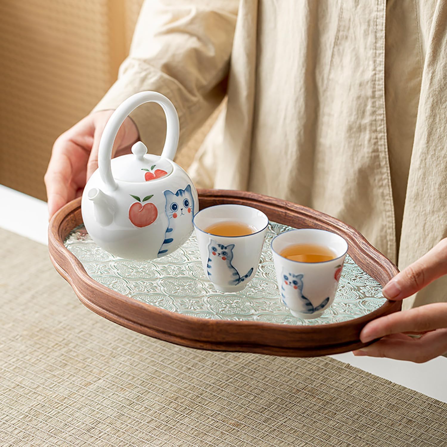 IwaiLoft Glass Serving Tray with The Crabapple Pattern Glass and Walnut for Kitchen Countertop Home Decor for Coffee Table, Also Suitable for Tea Coffee Decorative Trays (Clear,11.4" x 7.8" x 1")