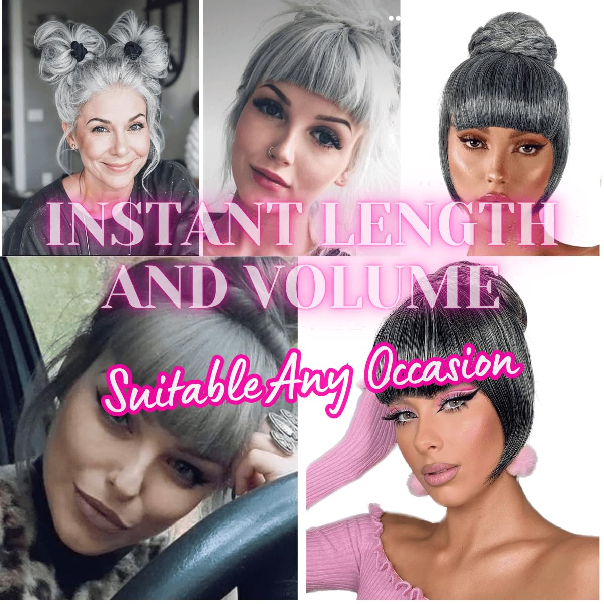 VAVANGA Grey Bun & Bangs 2PCS - Quick Hair Bun with Bang Clip in M Size Updo Twist Braided Chignon Scrunchie Hair Piece Extension for Black Women