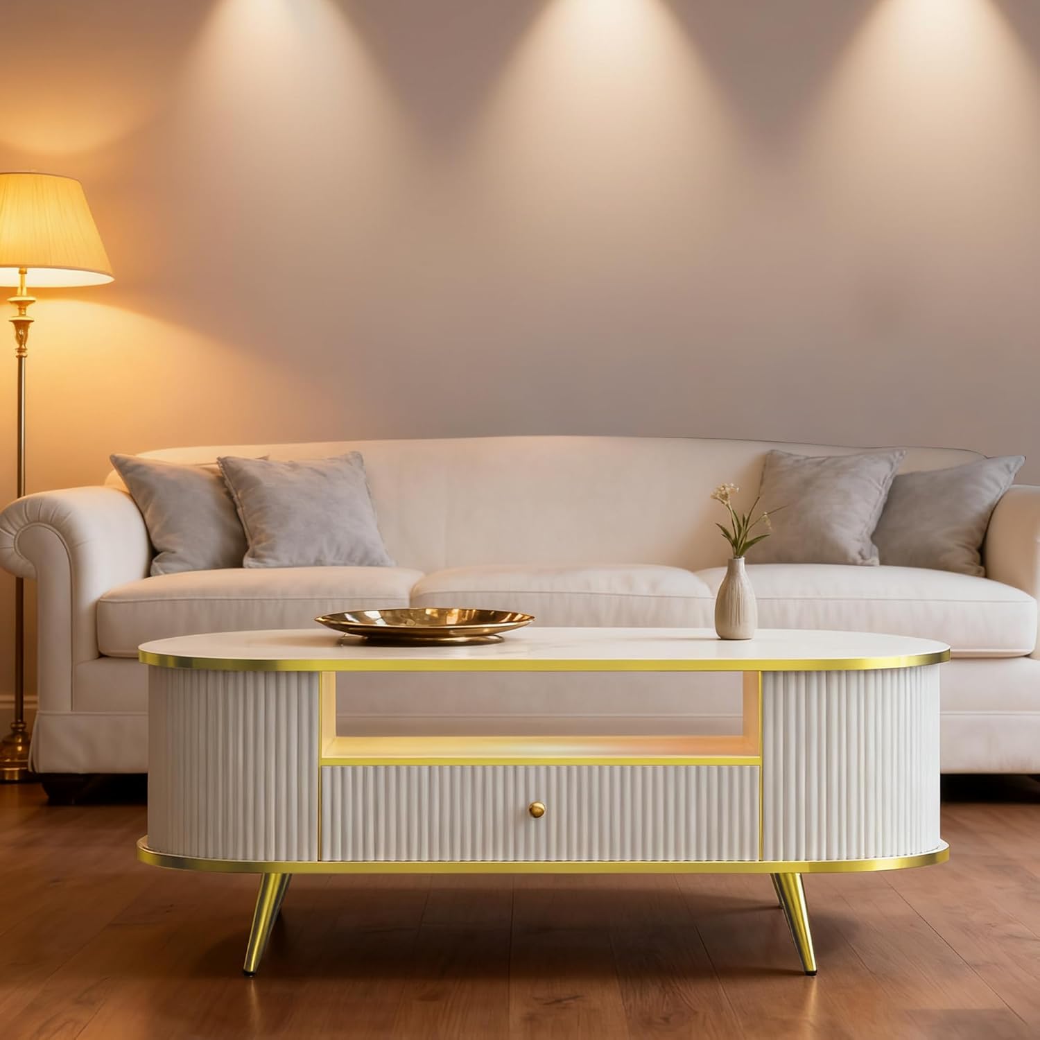 47" Fluted Coffee Table with LED Lights & Storage - Luxury Modern Oval Center Table for Living Room, Coffe Tables with Drawers, Curved Profile Design, Gold Metal Decor, White