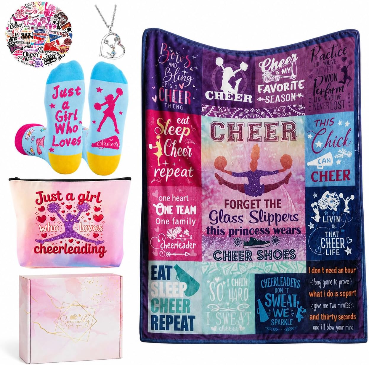 Cheerleader Gifts Set for Girls Cheer Gifts for Women Funny Cheerleading Lovers Gift Cheerleading Stuff Including Blanket, Makeup Bag, Necklace, Socks, 60 PCS Stickers, Greeting Card