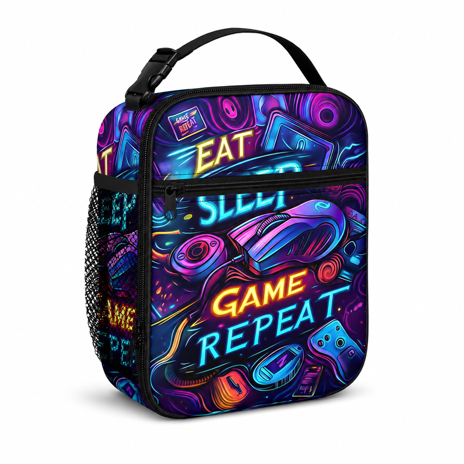 Srumvoat Lunch Bag for Boys, Game Themed Insulated Lunch Bag for Kids, Reusable, Large Capacity, Waterproof and Leak Proof, with Mesh Bags for Water Bottle for School Office Picnic Travel Beach
