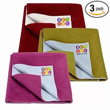 BeyBee® Waterproof Sheet, Extra Absorbent Fastest Dry Sheet for Baby, Anti-Piling Fleece Baby Bed Protector, Small Size 70x50cm, Pack of 3, Rani Pink, Grey & Maroon - image, photos