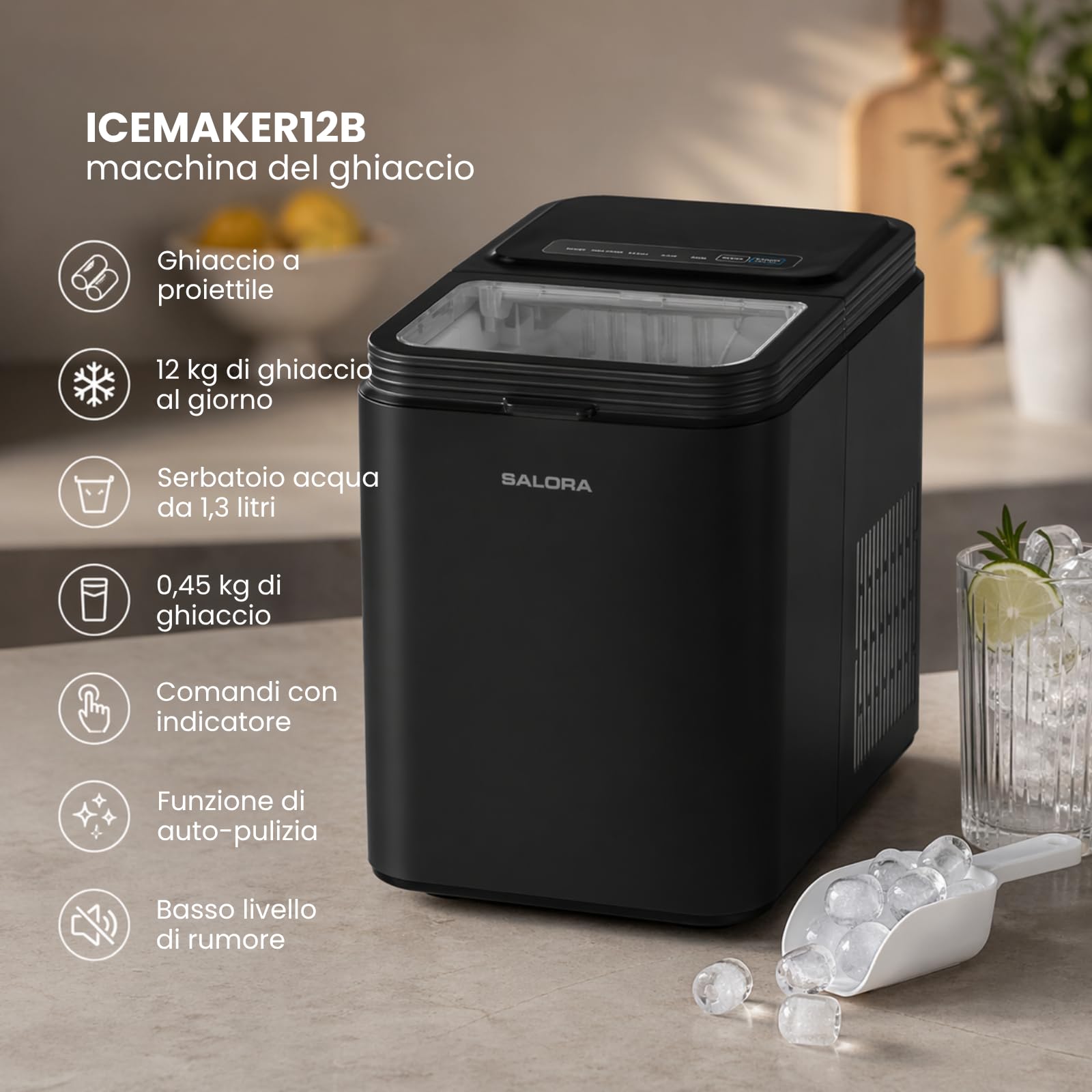 Salora ICEMAKER12B - Macchina per ghiaccio a cubetti, 12 kg/24h, 2 misure 6-9 min, serbatoio da 1,3 l, touch screen, compatta e portatile, con paletta per gelato, nero opaco