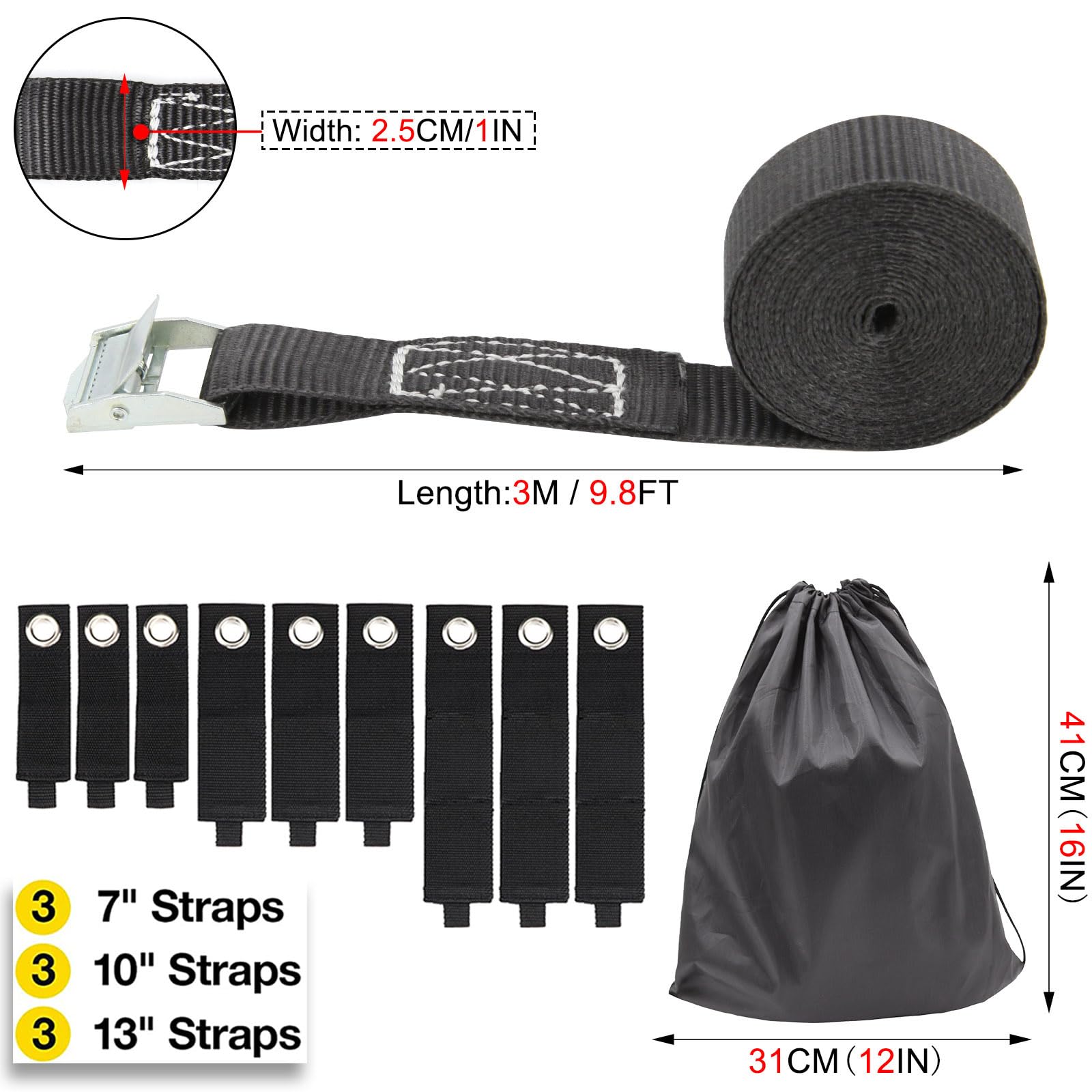 Gepäckgurte mit Ratsche, 1100 lb, 10 Fuß x 1 Zoll, schwarz, 1/2/3/4 Stück for Frachtgepäck(9x-hook and Loop)
