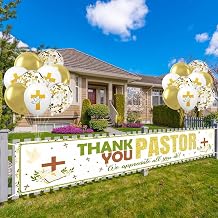 Aperturee Thank You Pastor Banner 100x20 Inch with 18 Balloons, Gold White Confetti Balloons, Religious Pastor Appreciation Garden Yard Banner, Church Event Supplies, Easy to Hang, Indoor Outdoor