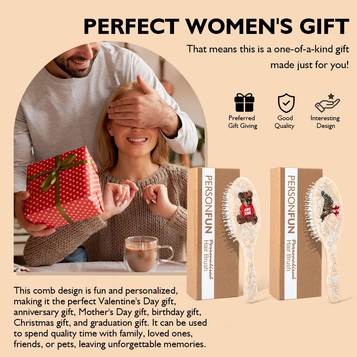 Awesome Teddy Bear Hair Brush, Cute Brown & Red Acetate Comb for Women & Girls, Gentle Detangling, Scalp Massage, Anti-Static, Ergonomic Gift