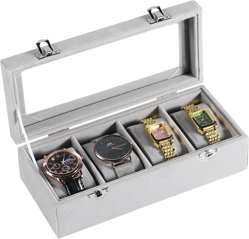 4 Slot Watch Box for Men/Women,Watch Case with Glass Lid | Soft Velvet Material,Watch Organizer with Pillow,Watch Storage,Watch Holder,Dustproof Design,with Metal Clasp,Lockable