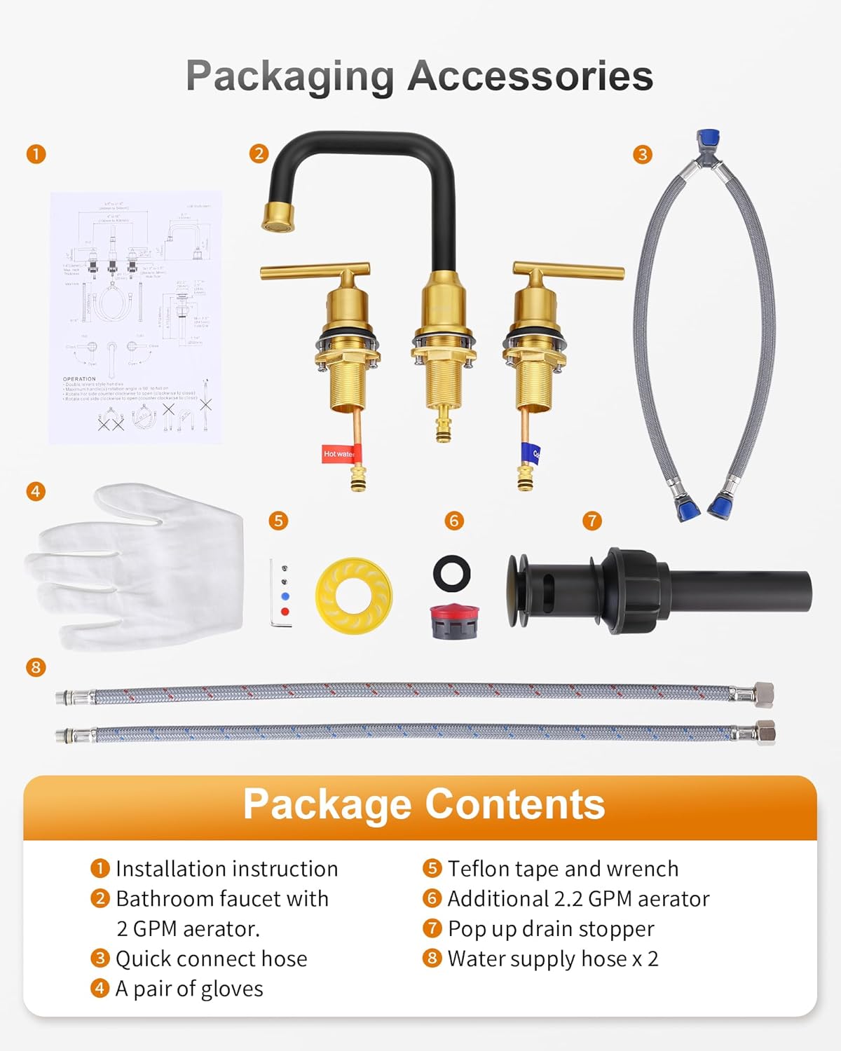 WOWOW Widespread Bathroom Faucet 3 Hole Bathroom Sink Faucet 2 Handle Vanity Faucet 8 Inch with Pop-Up Drain Black and Gold - Image 8