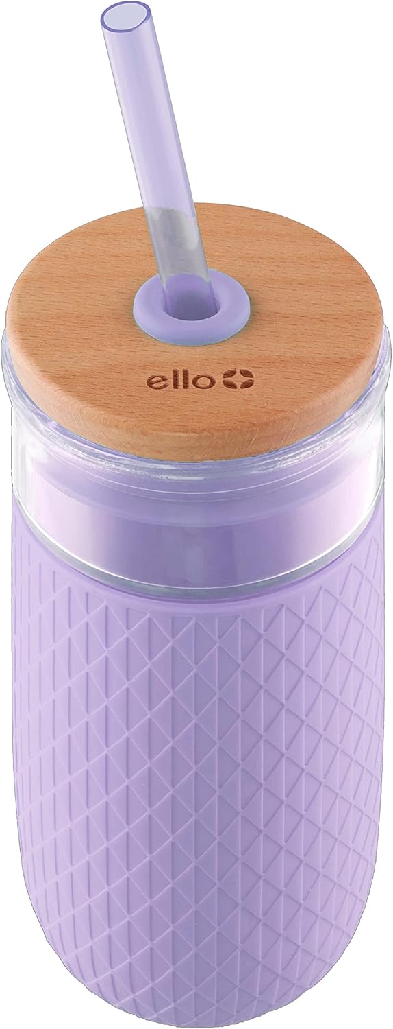 Ello Devon Glass Tumbler with Protective No Sweat Silicone Sleeve and Splash Proof Wooden Detail Lid with Straw, 18 oz : Home & Kitchen