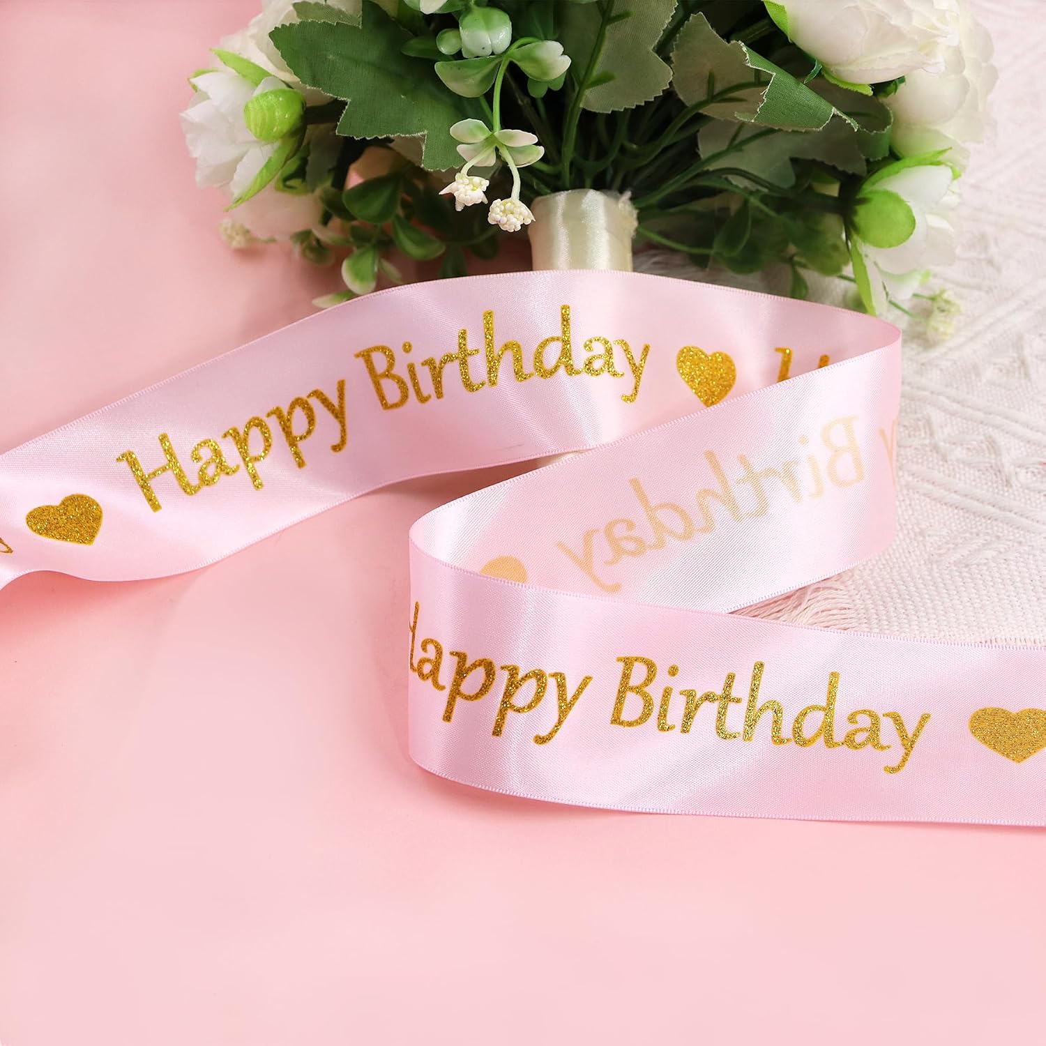 10Yard/Rolls 2" Size Stain Ribbon Pink Color Happy Birthday Ribbons Wreath,Gift Wrapping,Birthday Shower Party Decoration and DIY Handmade Hair Bows