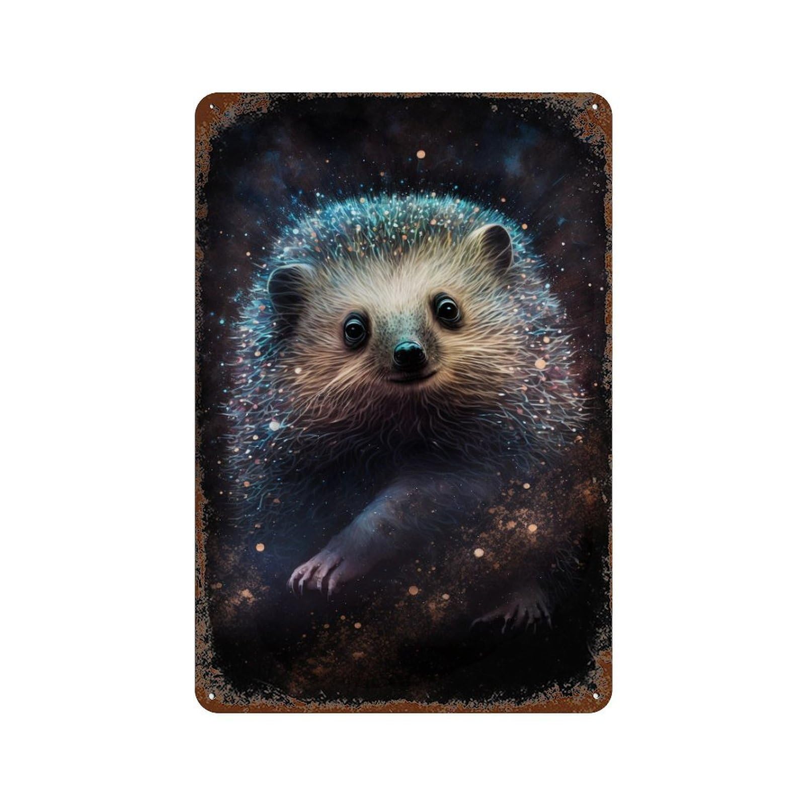 Glowing Hedgehog Art Print Rustic Tin Plaque 11.8"x7.9", Rustic Home Decor for Office, Studio And Wall Decor