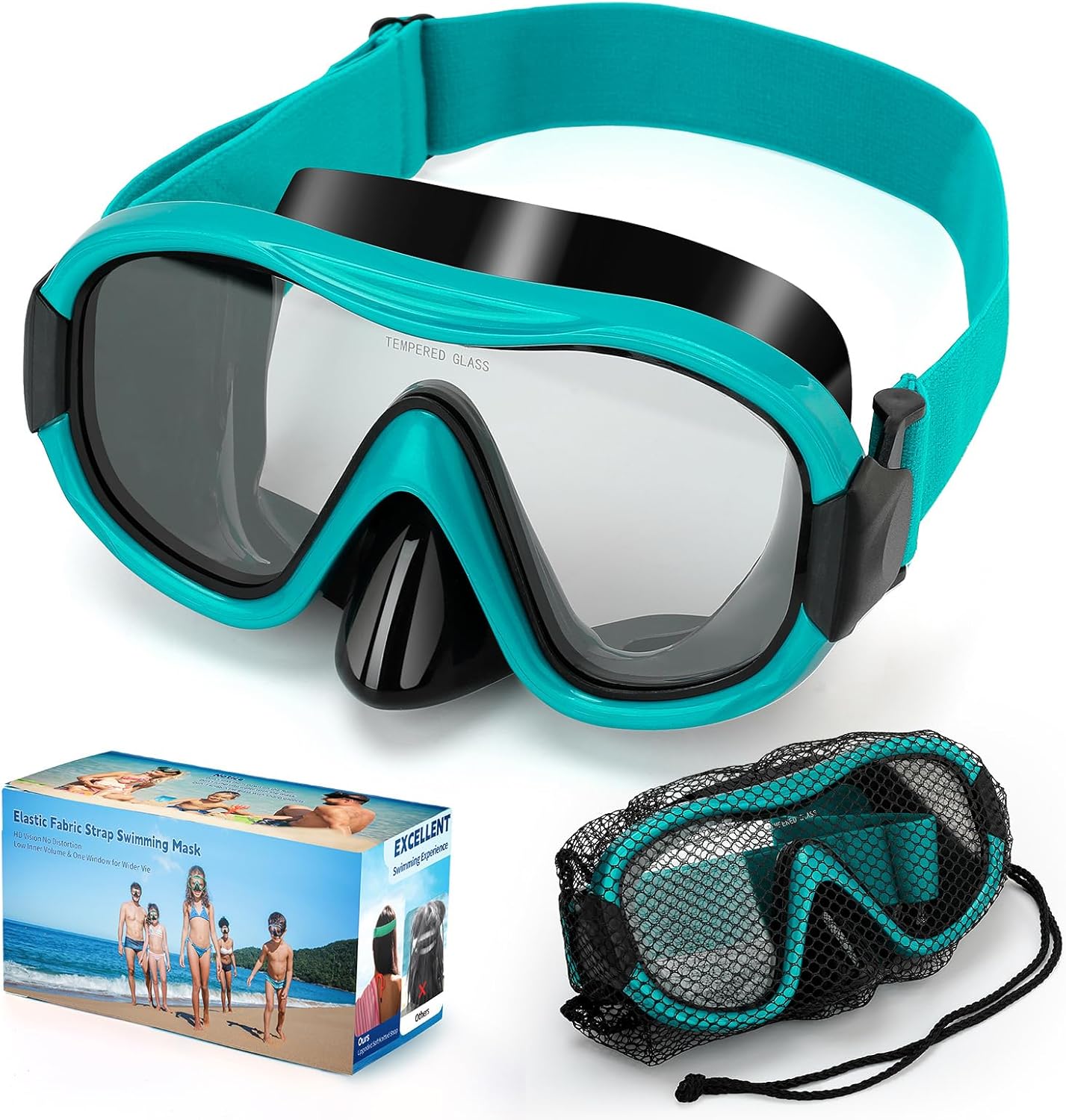 Adjustable Elastic Knitted Strap Swim Goggles, Tempered Glass with