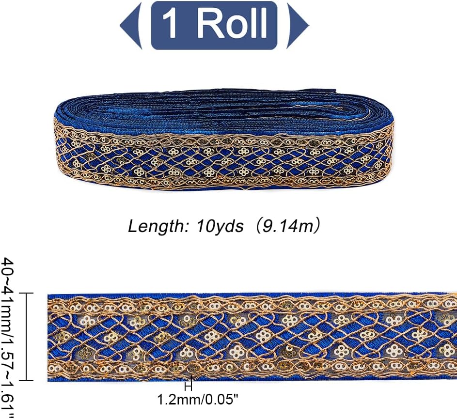 AHANDMAKER 10 Yards 1.6inch Fabric Embroidered Trim, Vintage Jacquard Ribbon Metallic Gold Rhombus Pattern Sewing Woven Trim Embroidered Ribbon decor for Crafts Making, Blue