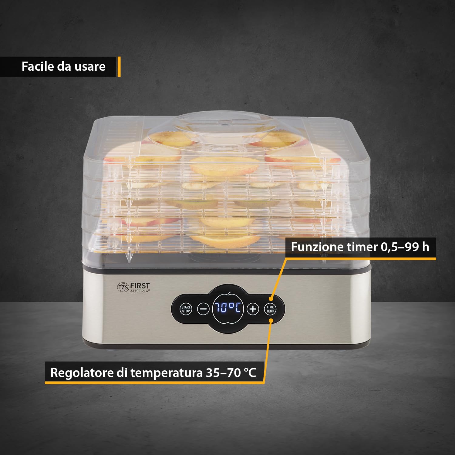 TZS First Austria essiccatore digitale per frutta, erbe, funghi, carne, 5 ripiani, BPA free, timer e regolazione temperatura 35-70°C