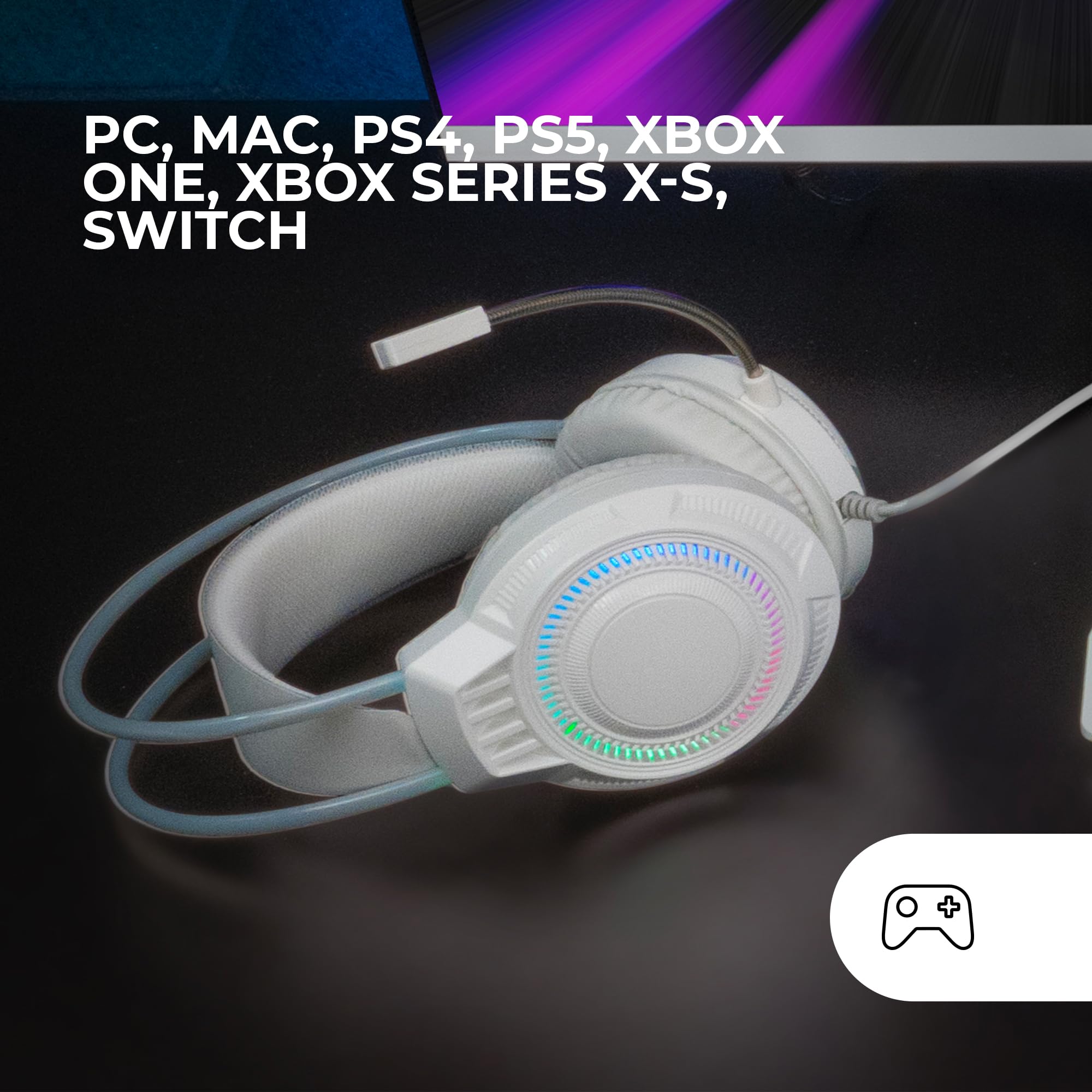 Mars Gaming MH124, Auriculares Gaming FRGB Rainbow, Diseño Ergonómico, Micrófono Flexible, Control de Volumen, Windows, Linux, Mac, PS4, PS5, Xbox One, Xbox Series X|S, Switch, Switch 2, Blanco - 5