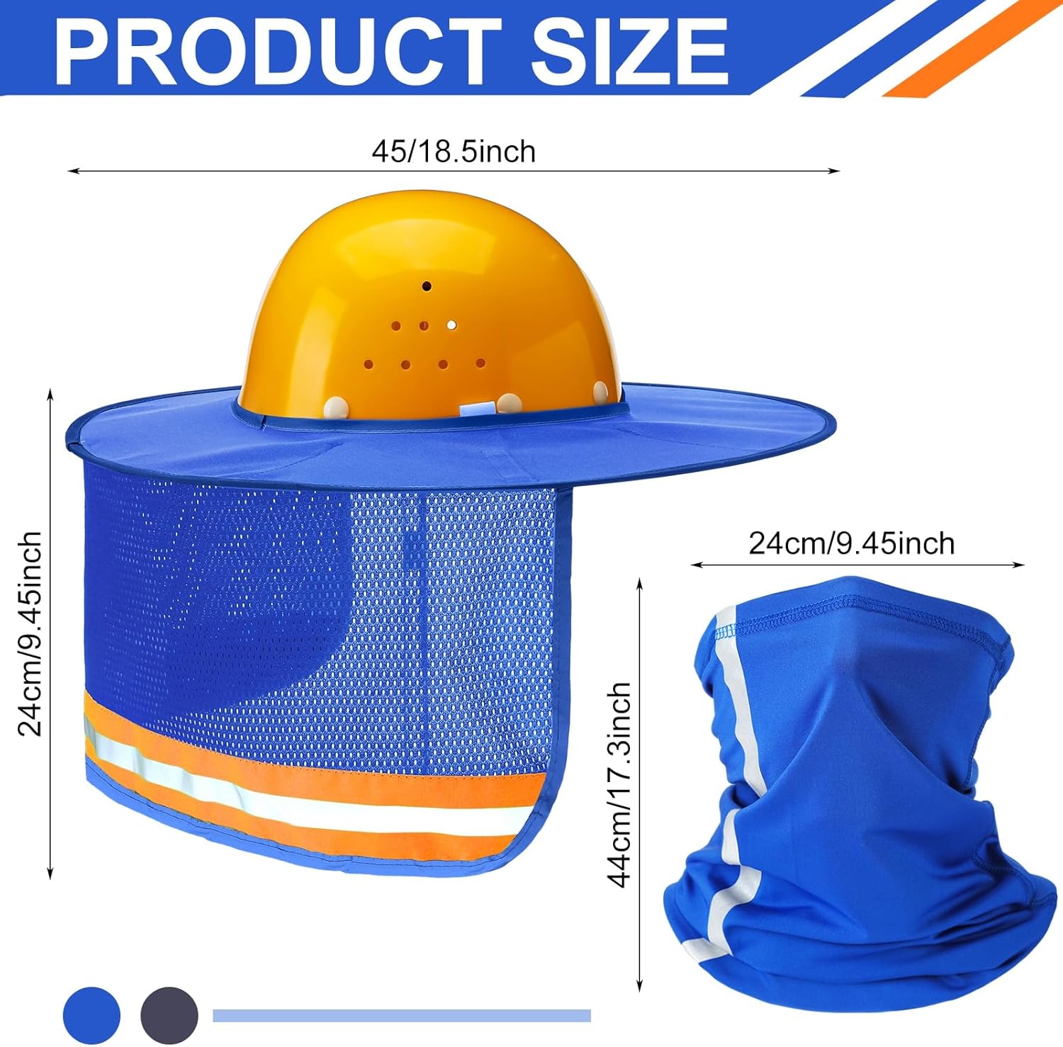 SATINIOR 4 Pcs Hard Hat Sun Shade High Visibility Full Brim Hardhat Sun Visor and Neck Gaiter Bandana with Reflective Strip Hard Hat Accessories for Construction Helmet(Blue, Navy Blue)
