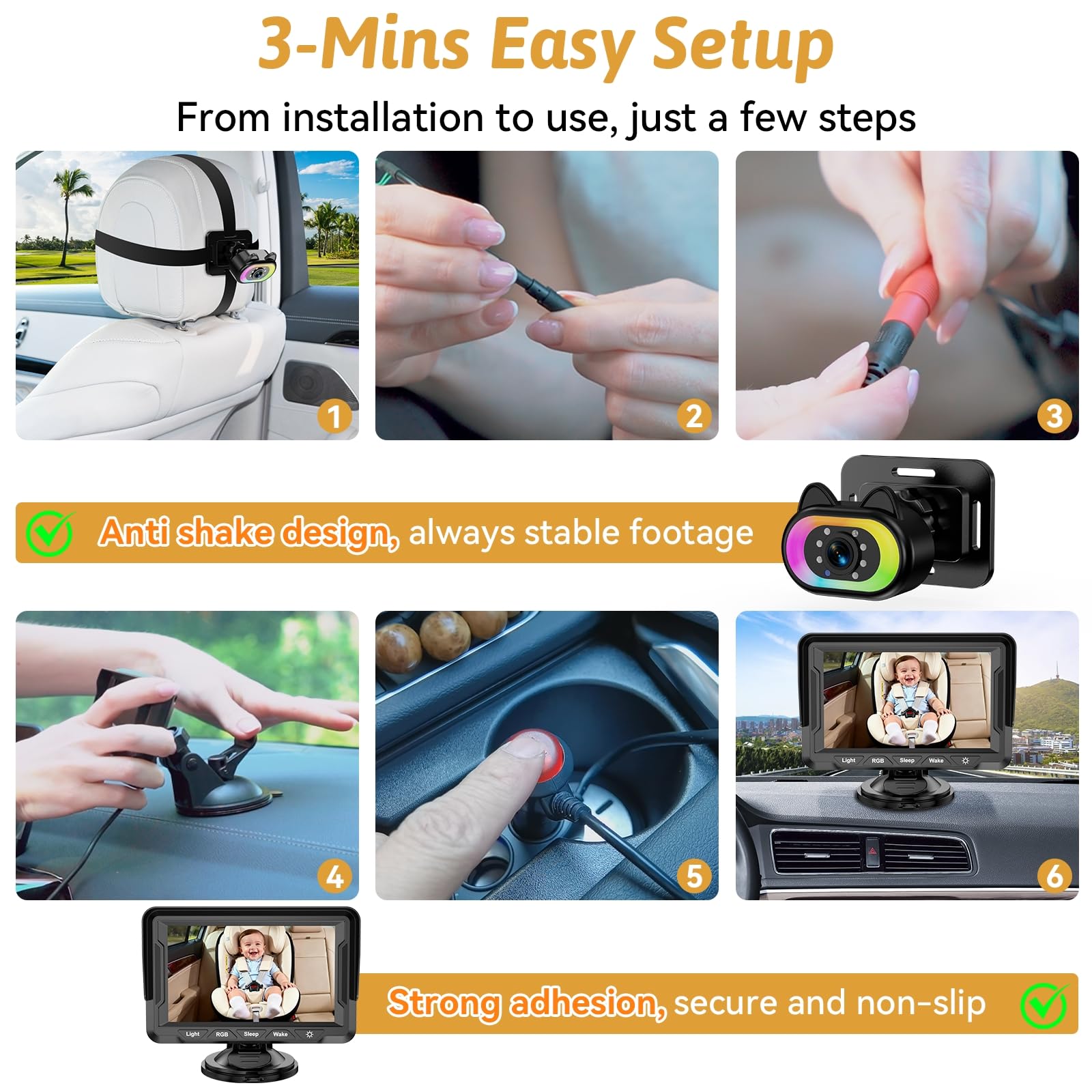 Cámara HD 1080P para coche de bebé con luz ajustable: visión nocturna clara para mantener la tranquilidad para viajes diarios y viajes largos por carretera, visión amplia de 150°, fácil configuración | Cámara de asiento de coche para bebé orientado hacia