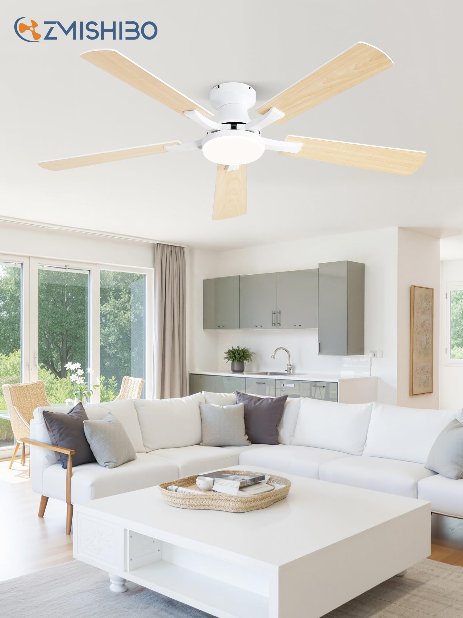 ZMISHIBO Ventilateur de Plafond avec Lumière 132 cm, Ventilateur Silencieux avec Télécommande et App, Plafonnier Ventilateur Design Plat, LED 20W Dimmable, Moteur DC Réversible, Blanc/Bois